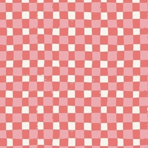 Hand Painted Checkerboard - Watermelon Pink and Coral on off white
