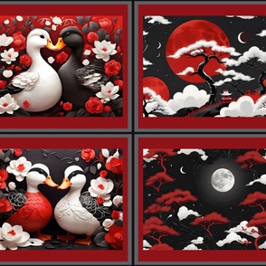 4 VARIOUS FAT QUARTER DUCK VALENTINE LOVE RED AND BLACK FLWRHT