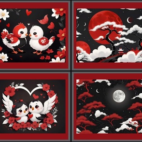 4 VARIOUS FAT QUARTER BIRD VALENTINE LOVE RED AND BLACK FLWRHT