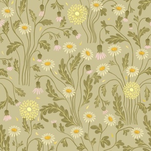 (Large)Wild Daisy and Chrysanthemum/Grass/ Dandelion-Moss Light background 