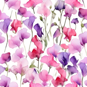 Sweet Pea Symphony Fabric - Watercolor Sweet Pea Flowers in Purples and Pinks