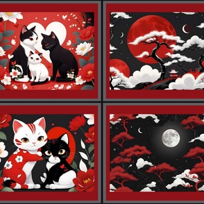 4 VARIOUS FAT QUARTER CAT VALENTINE LOVE RED AND BLACK FLWRHT