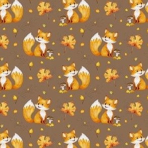 Little fox with autumn leaves and mushrooms