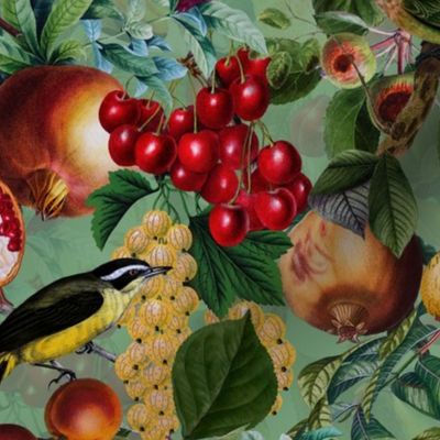 Nostalgic Antiqued Fruits, Birds And Flowers Botanical Garden - green