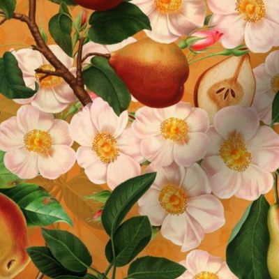 14" nostalgic romantic vintage pears and Redouté dog roses in the garden - vintage fruit home decor, roses blooms,  golden sunny yellow