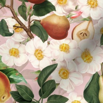 14" nostalgic romantic vintage pears and Redouté dog roses in the garden - vintage fruit home decor, roses blooms,  light pink