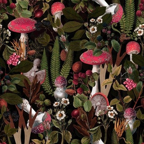 18" nostalgic toxic antiqued Psychadelic mushrooms in the forest - dark moody florals- vintage Autumn home decor,strawberries bloom, 50s black wallpaper, 