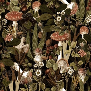 18" nostalgic toxic antiqued Psychadelic mushrooms in the forest - dark moody florals- vintage Autumn home decor,strawberries bloom, sepia black wallpaper, 