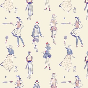 Vintage Tennis Court Ladies' Fashion | Red & Blue on Cream | 12'