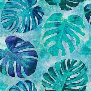 Teal and Green Monstera Leaves on Turquoise and Ocean Blue Retro Hawaiian Tropical Surf