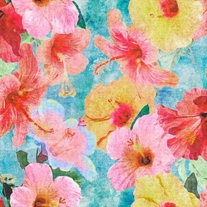 Pink, Peach and Yellow Hibiscus on Turquoise and Ocean Blue Retro Hawaiian Tropical Surf