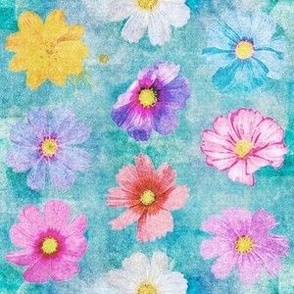 Small Multicolor Pink, Yellow and Lavender Cosmo Flowers on Turquoise and Ocean Blue Retro Hawaiian Tropical Surf