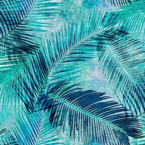 Teal and Green Palm Leaves on Turquoise and Ocean Blue Retro Hawaiian Tropical Surf