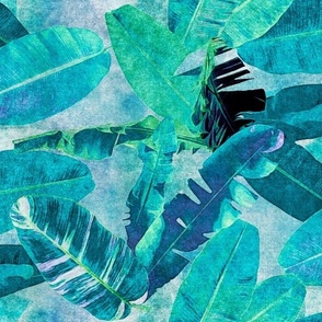 Teal and Green Banana Leaves on Turquoise and Ocean Blue Retro Hawaiian Tropical Surf