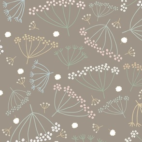 dainty tossed dill blossoms on grayish brown | large
