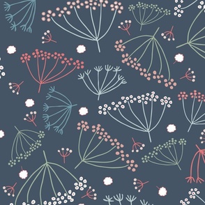 dainty tossed dill blossoms on dark grayish blue | large