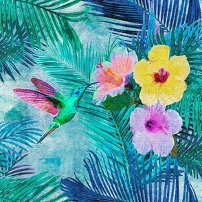 Hummingbird and Pink and Yellow Hibiscus in Blue and Green Palm Leaves Retro Hawaiian Tropical Surf
