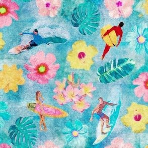 Surfers, Pink and Yellow Hibiscus and Tropical Motifs on Turquoise and Ocean Blue Retro Hawaiian Tropical Surf