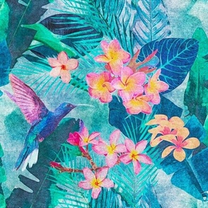Hummingbird and Pink Plumeria in Blue and Green Jungle Leaves Retro Hawaiian Tropical Surf