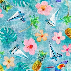 Sailboats, Hibiscus and Tropical Motifs on Turquoise and Ocean Blue Retro Hawaiian Tropical Surf