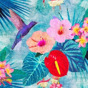 Hummingbird and Red Peace Lily and Pink Hibiscus in Blue and Green Jungle Leaves Retro Hawaiian Tropical Surf