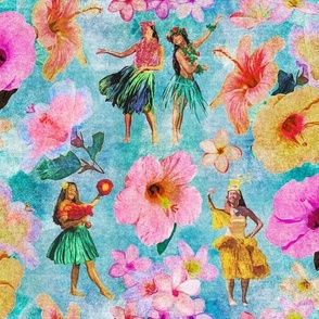 Hawaiian Dancers, Pink and Yellow Hibiscus and Plumeria Flowers on Turquoise and Ocean Blue Retro Hawaiian Tropical Surf