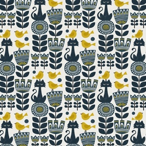 Scandinavian folk block prints - cat, birds and flowers - navy blue and golden yellow (medium)