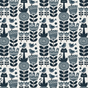 Scandinavian folk block prints - cat, birds and flowers - monochrome navy blue (medium)