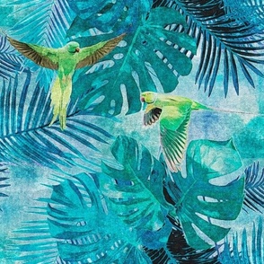 Green Parakeets in Blue and Teal Jungle Leaves Retro Hawaiian Tropical Surf