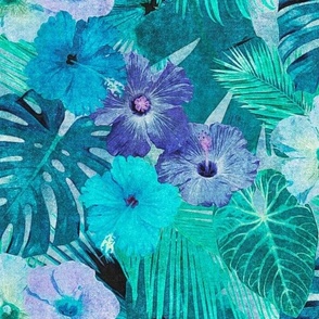 Turquoise Hibiscus in Blue and Green Jungle Leaves Retro Hawaiian Tropical Surf