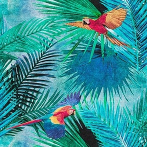 Multicolor Macaw Parrots in Blue and Green Jungle Leaves Retro Hawaiian Tropical Surf