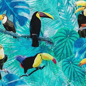 Toucans in Blue and Green Jungle Leaves Retro Hawaiian Tropical Surf