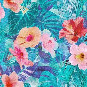 Pink Hibiscus in Blue and Green Jungle Leaves Retro Hawaiian Tropical Surf