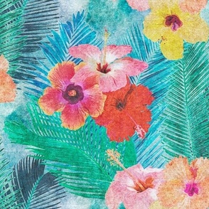 Pink and Yellow Hibiscus in Blue and Green Palm Leaves Retro Hawaiian Tropical Surf