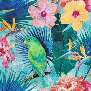 Green Parakeet and Pink and Yellow Hibiscus in Teal and Blue Jungle Leaves Retro Hawaiian Tropical Surf
