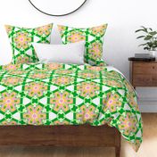Happy Pink and yellow daisies on green lattice