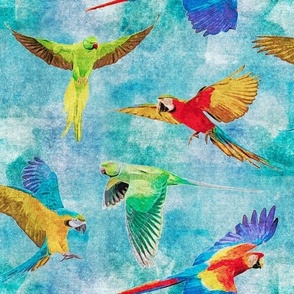 Multicolor Macaw Parrots on Turquoise and Ocean Blue Retro Hawaiian Tropical Surf