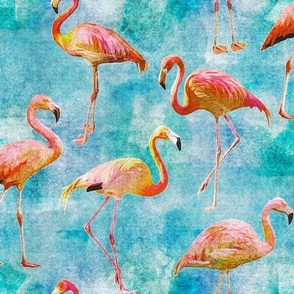 Pink Flamingos on Turquoise and Ocean Blue Retro Hawaiian Tropical Surf