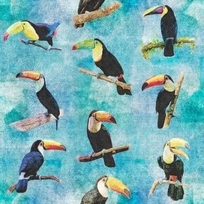 Small Toucans on Turquoise and Ocean Blue Retro Hawaiian Tropical Surf