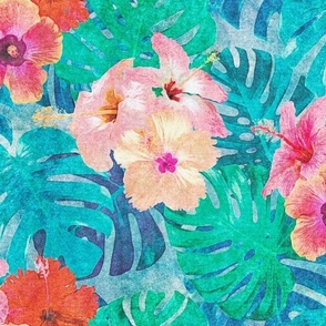 Pink and Red Hibiscus in Blue and Green Monstera Leaves Retro Hawaiian Tropical Surf