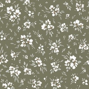 Ditsy Floral Forest, Green, Watercolor Florals, White, Vintage Florals