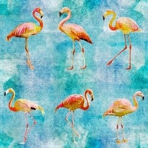 Small Pink Flamingos on Turquoise and Ocean Blue Retro Hawaiian Tropical Surf