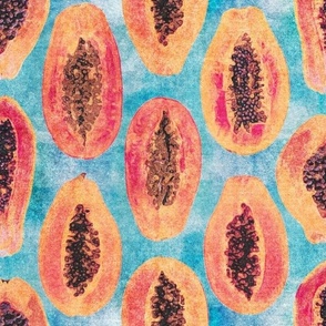 Orange Papayas on Turquoise and Ocean Blue Retro Hawaiian Tropical Surf