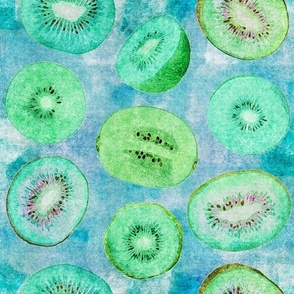 Green Kiwifruit on Turquoise and Ocean Blue Retro Hawaiian Tropical Surf