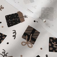 Happy Birthday gift box presents and confetti kids retro party design neutral caramel brown beige black on ivory