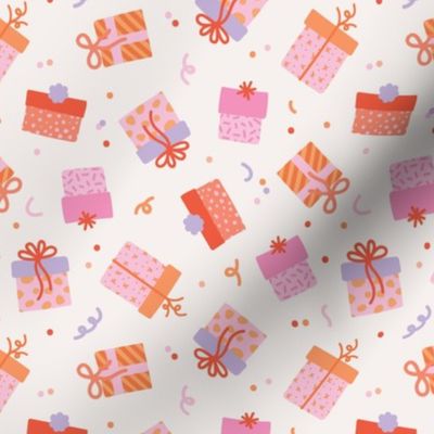 Happy Birthday gift box presents and confetti kids retro party design girls pink on ivory