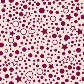Mini Hearts Stars & Spots Ditsy Burgundy on Pale Pink