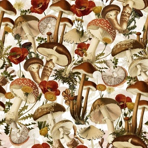 18" nostalgic toxic antiqued Psychadelic mushrooms in the forest - dark moody florals- vintage Autumn home decor, off white wallpaper, 