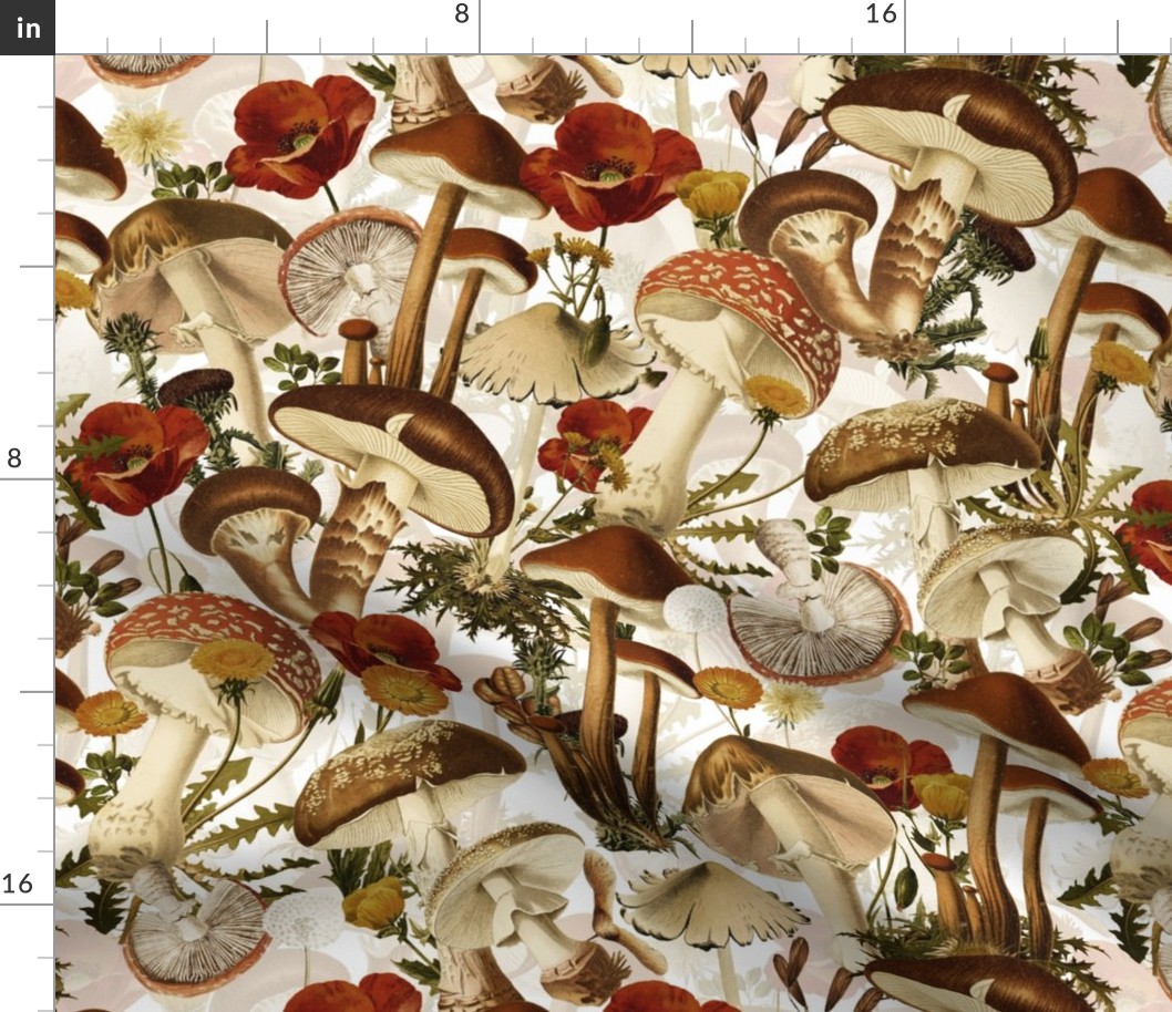 18" nostalgic toxic antiqued Psychadelic mushrooms in the forest - dark moody florals- vintage Autumn home decor, off white wallpaper, 
