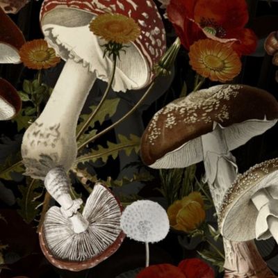 18" nostalgic toxic antiqued Psychadelic mushrooms in the forest - dark moody florals- vintage Autumn home decor, dark black wallpaper, 